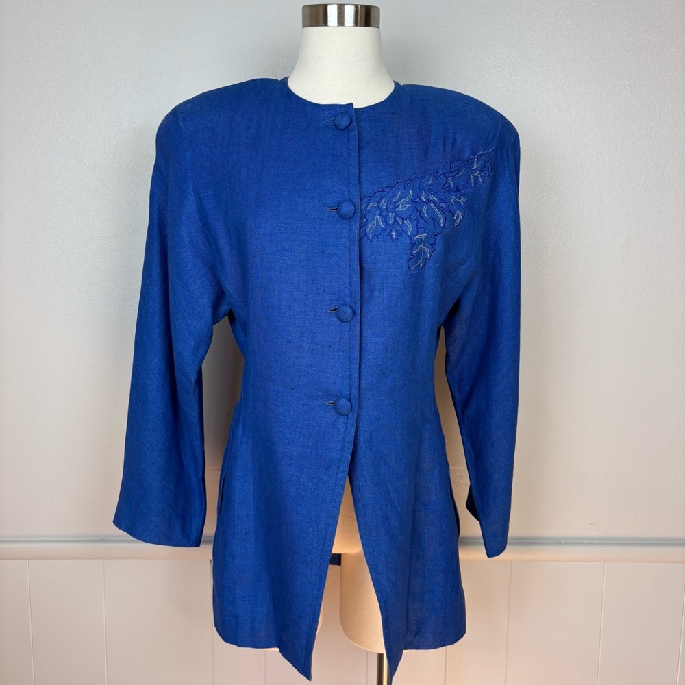 Vintage Joseph Ho 1980s Royal Blue 100% Linen Suit Jacket Floral Embroidery Sz 8